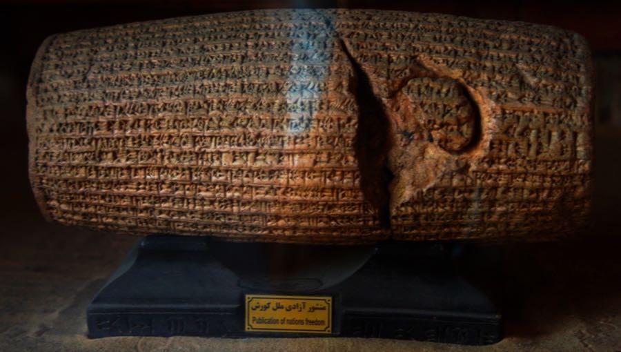 The Cyrus Cylinder, an ancient clay cylinder inscribed in cuneiform, held at the British Museum